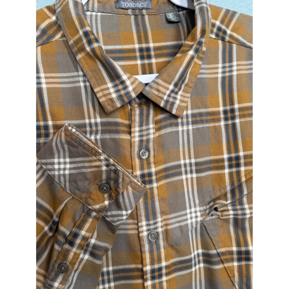 TOAD&CO Mens Flannel Plaid Button Up Shirt  Cotton XL Brown Navy Western FLAW - Picture 11 of 14